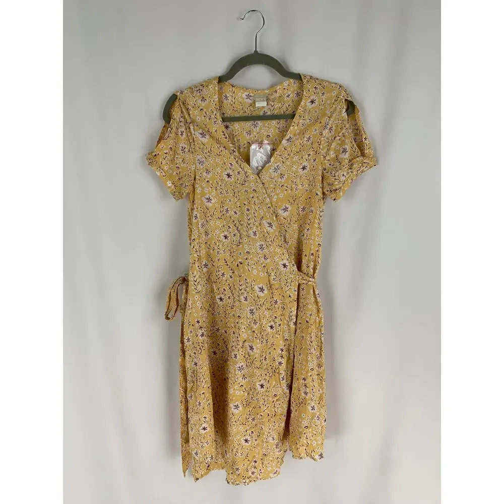 Roxy Floral Short Sleeve Wrap Mini Dress Womens Size Small Yellow New